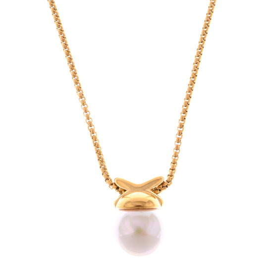 Gold Tone Pendant Necklace with Faux Pearl Drop and X Charm