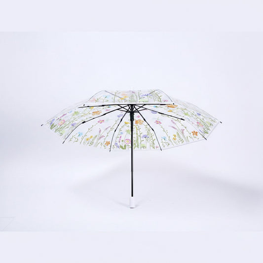 Clear Dome Umbrella with Floral Print Canopy Wind Resistant Frame and Curved Handle