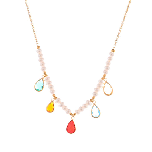 Pearl Beaded Necklace with Colorful Teardrop Crystal Charms