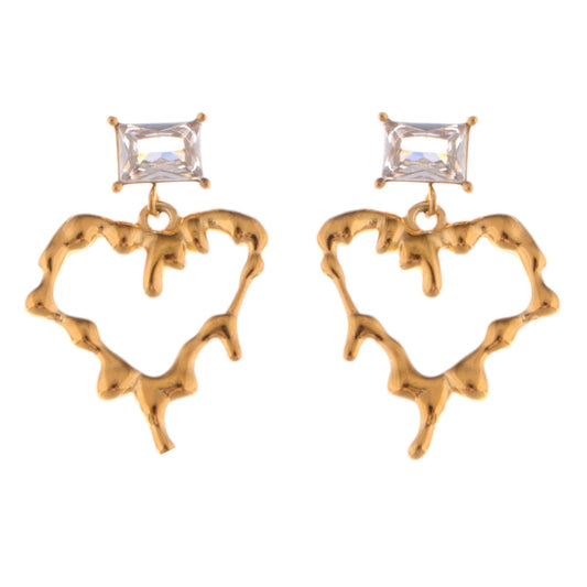 Gold-Plated Heart Drop Earrings with Crystal Stud Accents