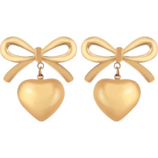 Bow Dangle Heart Drop Earrings Gold Tone Playful Chic Design