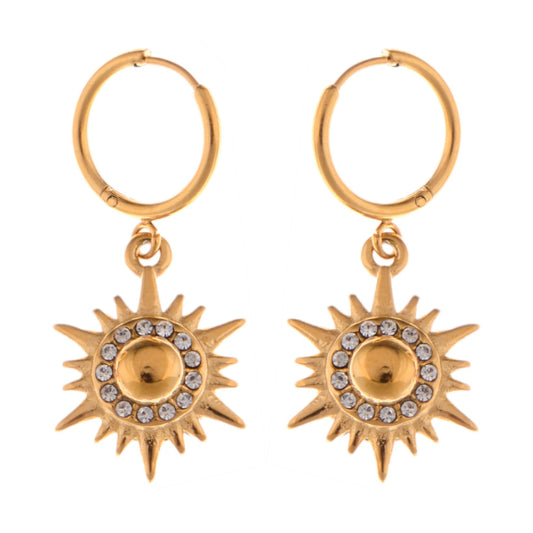 Gold Tone Sunburst Dangle Earrings with Rhinestone Accents