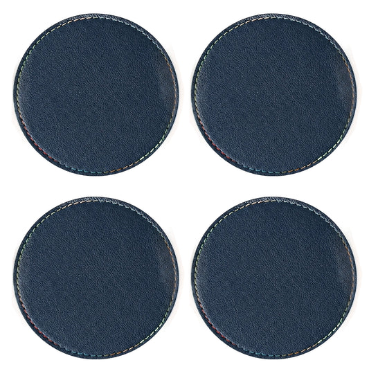 4-PC Round Leather Coaster with Stitched Edge Durable Table Protector
