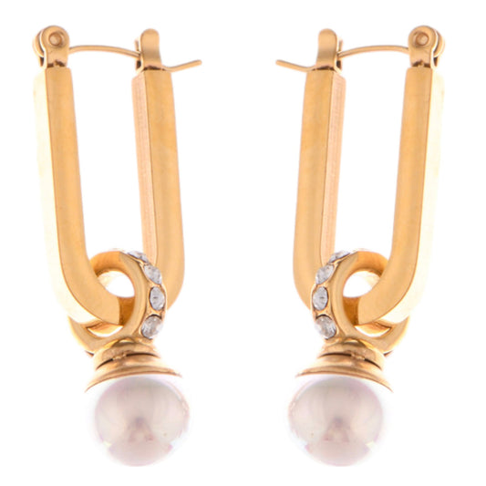 Gold Tone Geometric Drop Earrings with Pearl and Rhinestone Accent