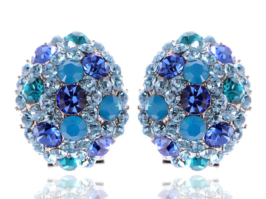 Swarovski Crystal Element Silver Teal Blue Oval Clamp Stud Earrings
