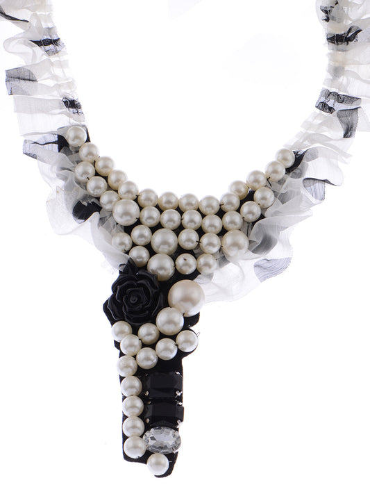 Princess Chiffon Dot Pearl Black Resin Rose Long V Bib Necklace