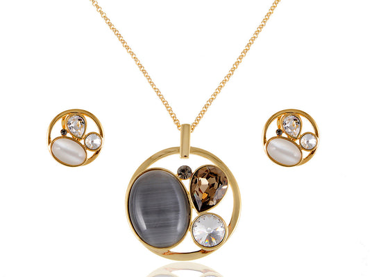 Swarovski Crystal Circular Smoke Cat Eye Earring Necklace Jewelry Set