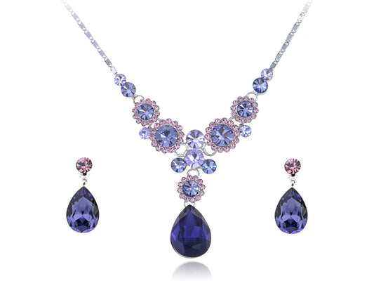 Swarovski Crystal Purple Floral Daisy Bib Necklace Stud Earrings Set
