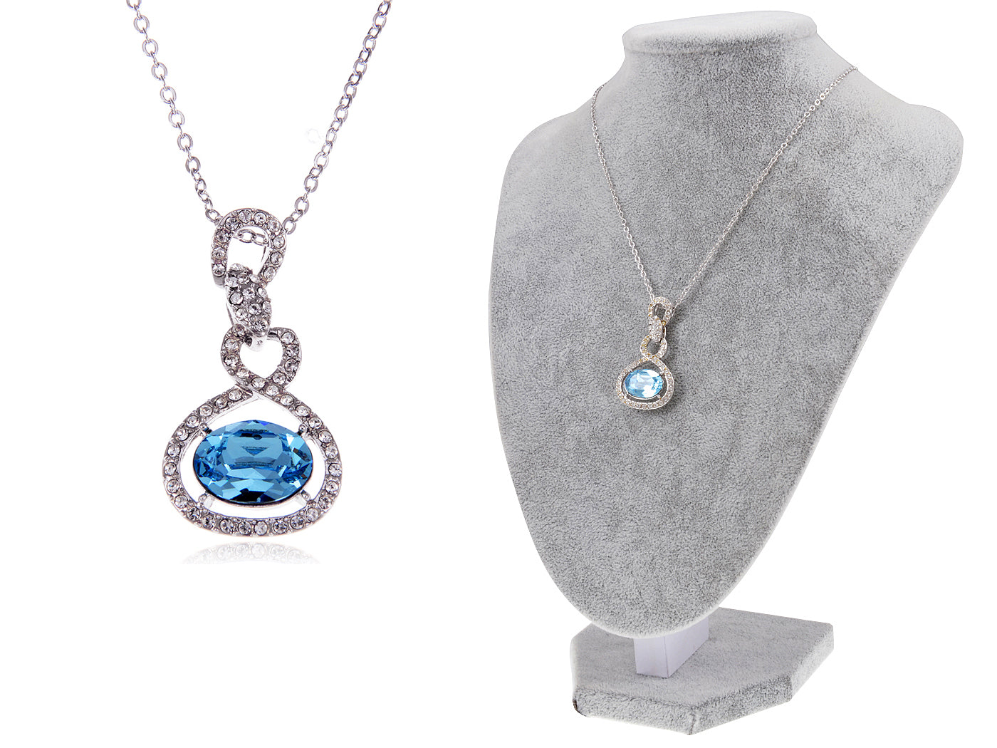 Swarovski Crystal Antique Ocean Blue Topaz Frozen Teardrop Dangling Gem Silver Pendant Necklace