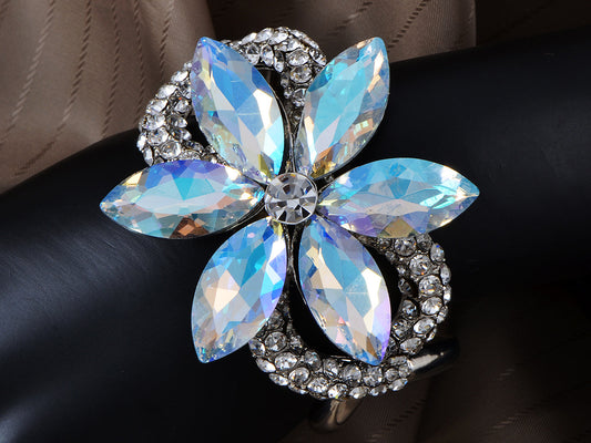 Floral Twist Big Aurora Borealis Flower Statement Bangle Cuff Bracelet