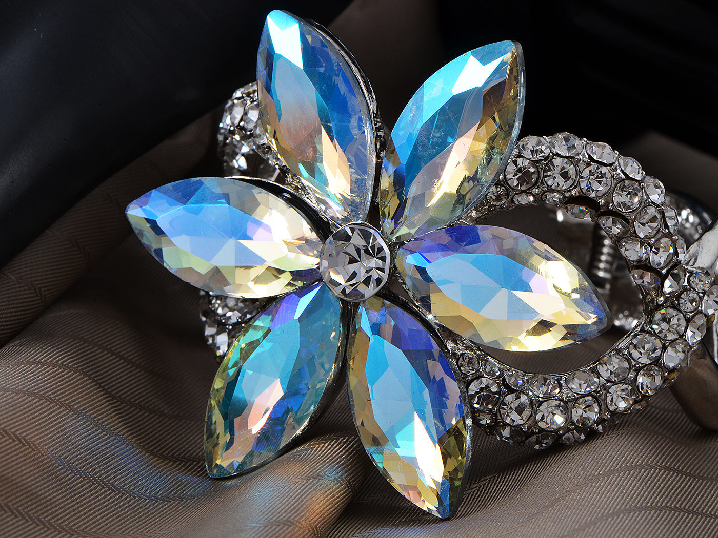 Floral Twist Big Aurora Borealis Flower Statement Bangle Cuff Bracelet
