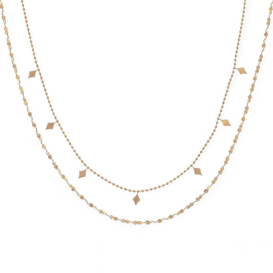 Double Layer Gold Tone Necklace with Diamond Shape Charms Layered Chain Design