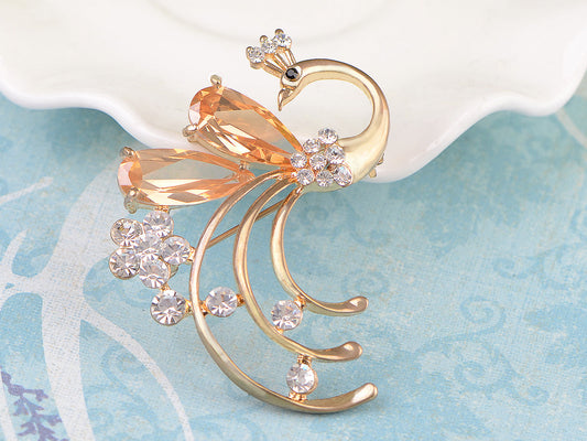 Gold Orange Topaz Color Peacock Bird Brooch Pin