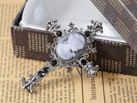 Wonens Gun Black Gothic Vintage Antique Cameo Cross Brooch Pin