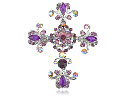 Victorian Flourish Flower God Cross Pin Brooch Purple