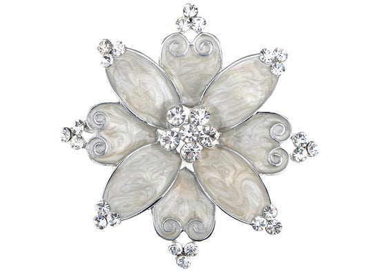 Hand Painted Pearlescent White Enamel Czech Flower Brooch Pin