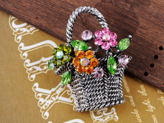 Gun Pink Topaz Green Spring Floral Square Basket Brooch Pin