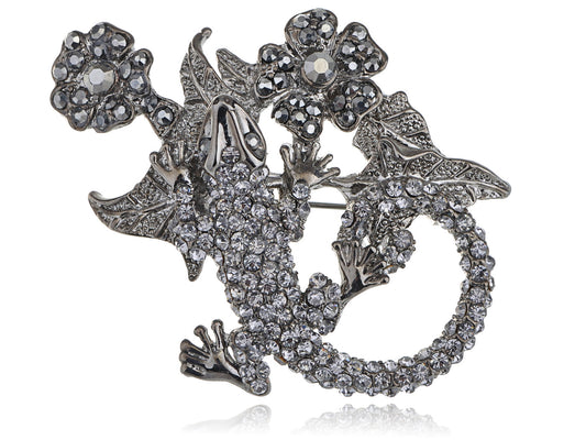 Gun Dark Salamander Lizard Flower Plant Pin Brooch