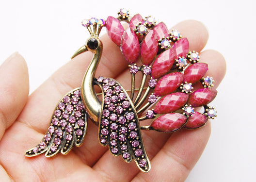 Gold Orange Topaz Color Peacock Bird Brooch Pin