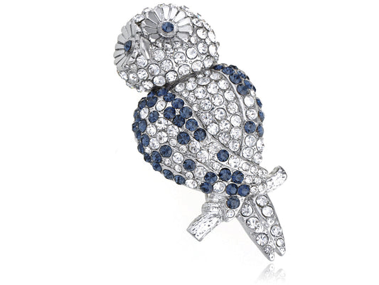 Sapphire Blue Hooting Happy Owl Perched Brooch Pin