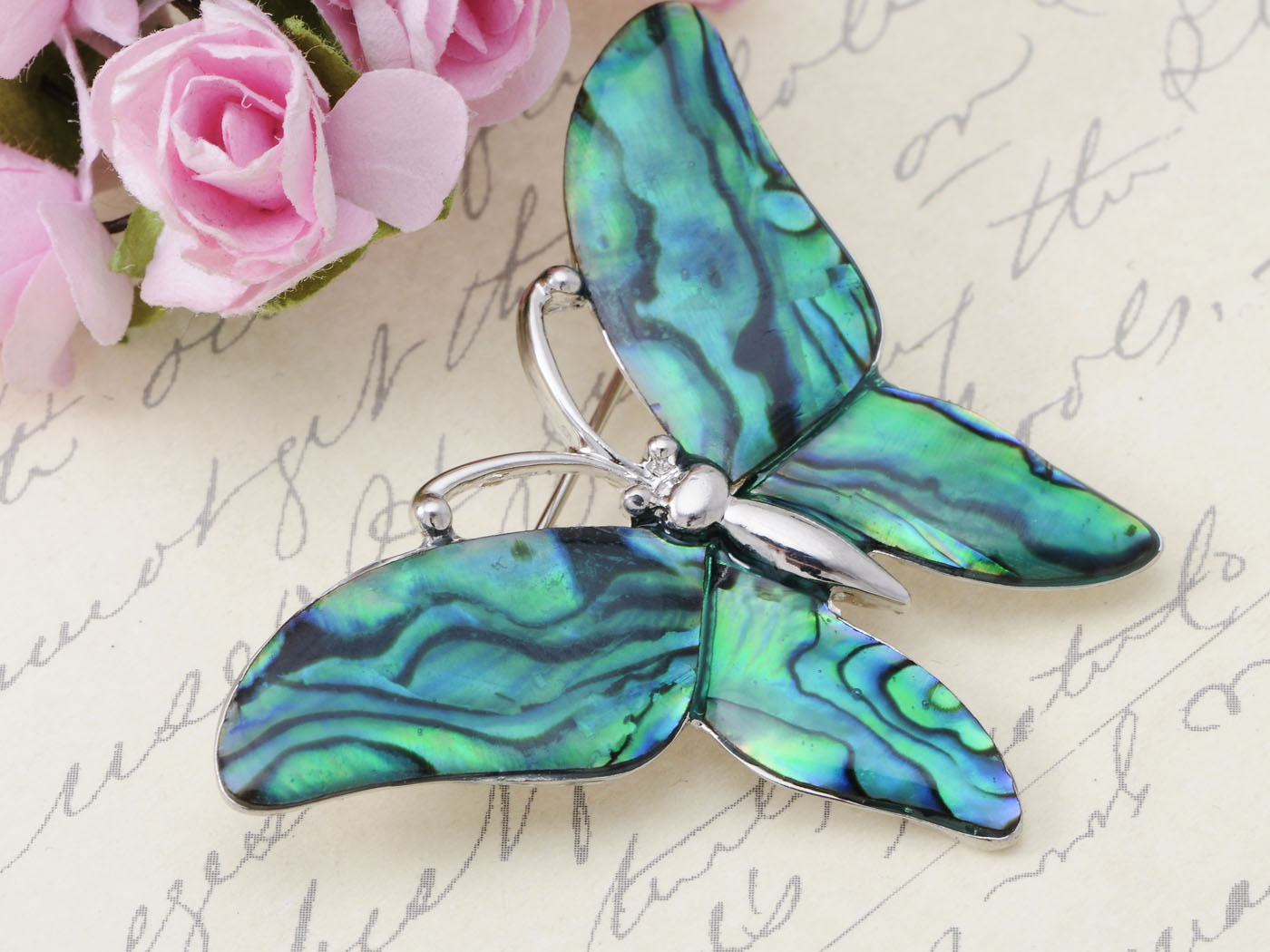 Abalone Colored Green Blue Enamel Butterfly Bug Brooch Pin