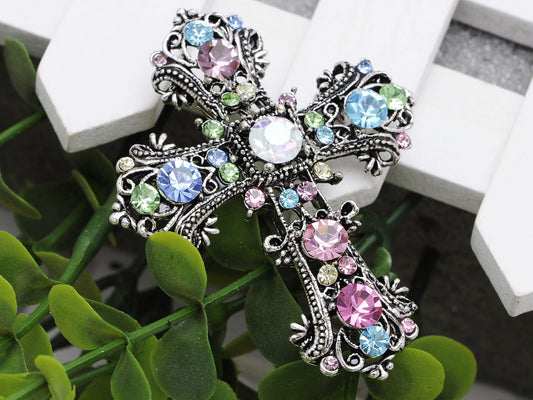 Antique Multi Colorful Holy Cross Brooch Pin