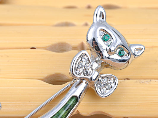 Elements Green Leopard Bodied Bow Tie Kitty Cat Pin Brooch