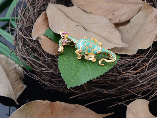 Elements Spotted Green Dinosaur W Bow Tie Pin Brooch