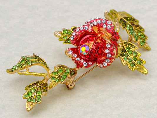 Gold Red Green Romantic Rose Flower Leaves Brooch Pin