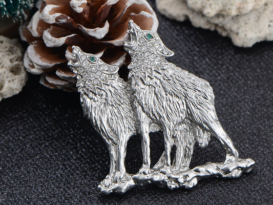 Emerald Green Eyes Howling Couple Wolves Animals Lapel Brooch Pin