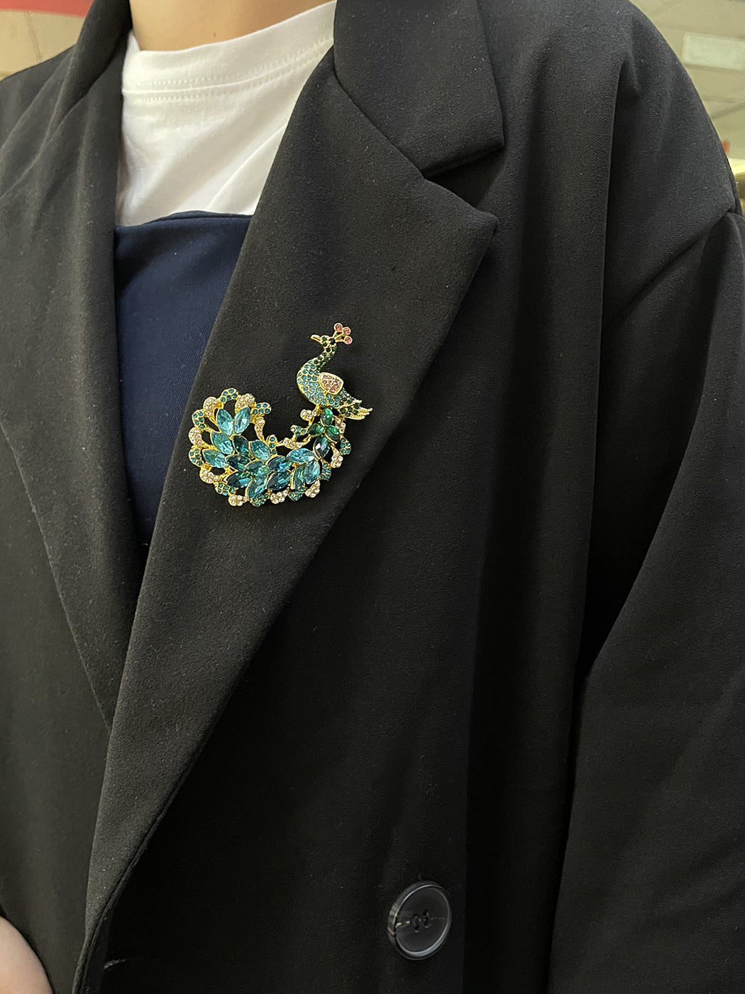 Gold Blue Painted Enamel Peacock Bird Feather Plume Brooch Pin