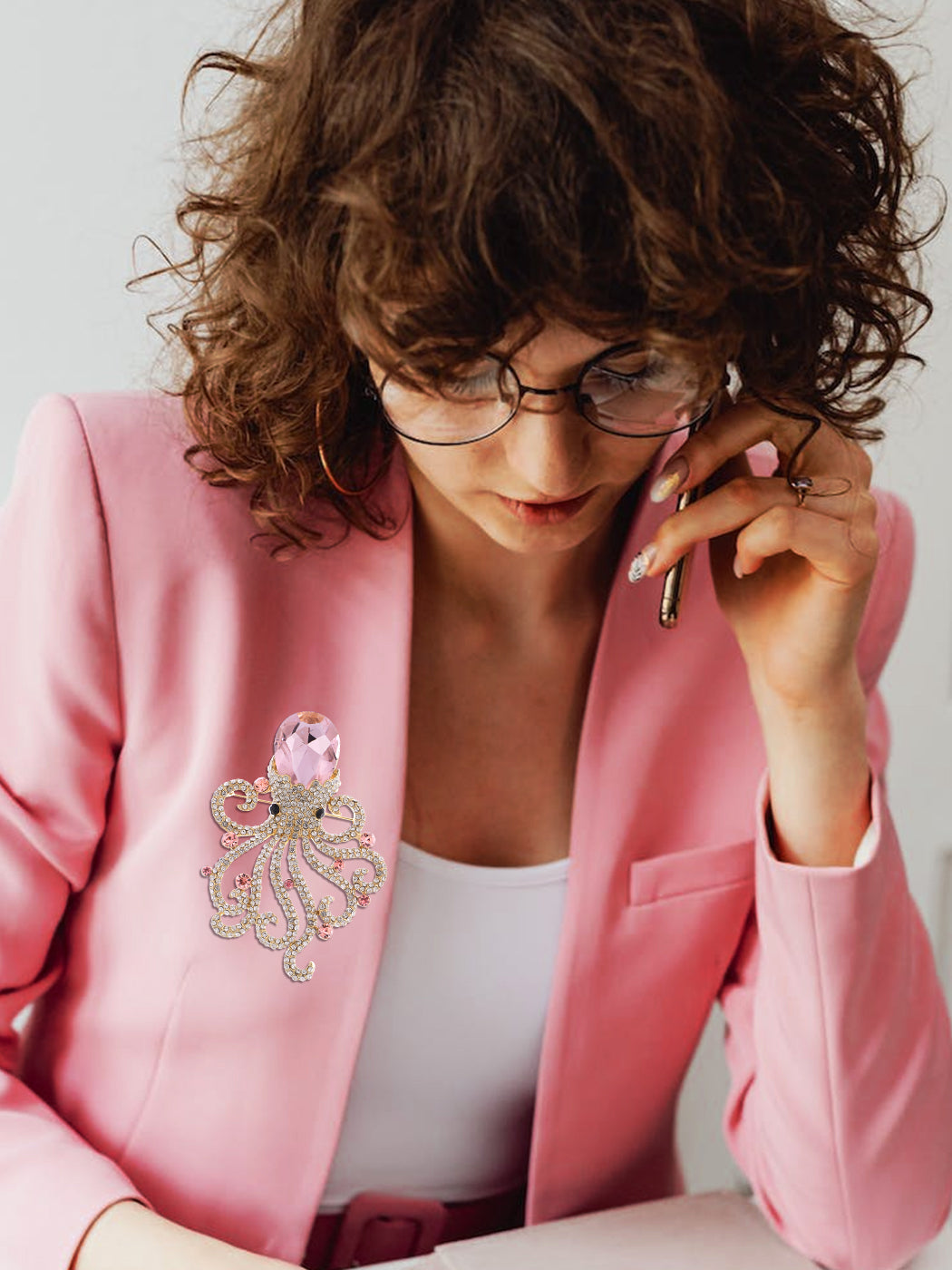 Swarovski Crystal Indian Red Pink Opal Eyes Octopus Bridal Pin Brooch