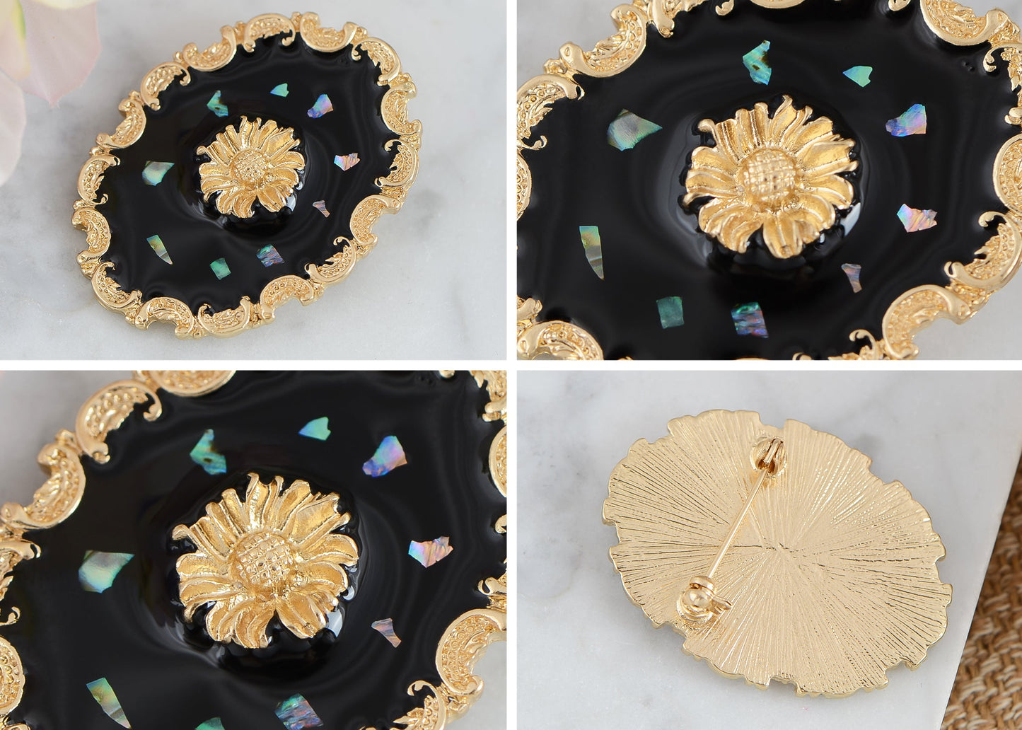 Alilang Vintage Antique Golden Tone Sunflower Cameo Embossed Enamel Brooch Pin