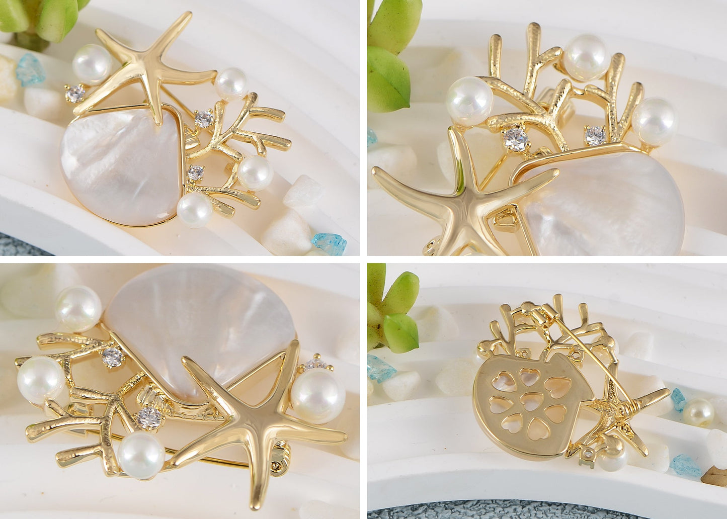 Elegant Zircon Gold Starfish Shell Pearl Brooch Pins For Ladies Inlay Sea Animal Jewelry Brooches