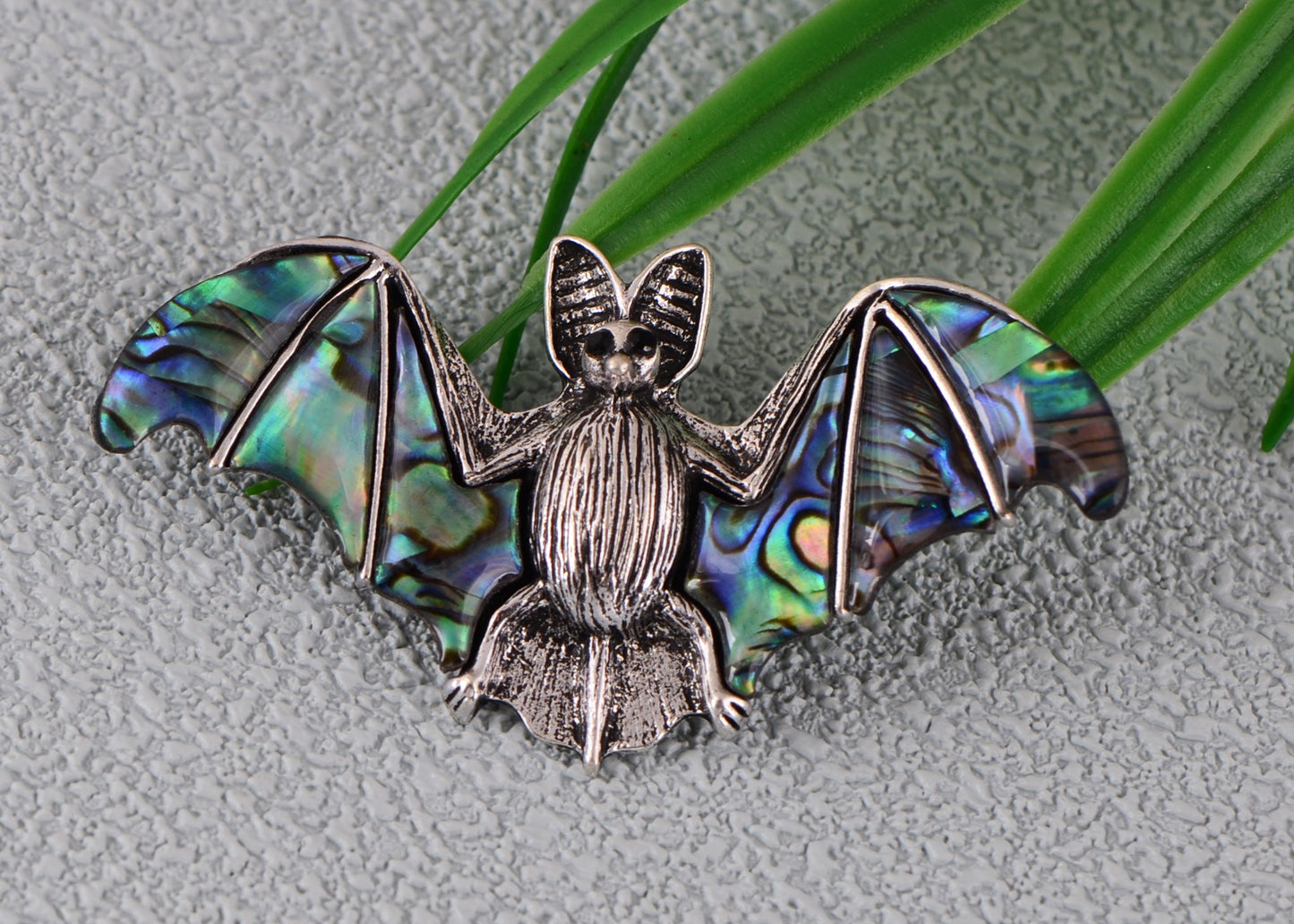 Alilang Antiqued Silver Tone Abalone Shell Vampire Bat Brooch Pin for Halloween Accessories