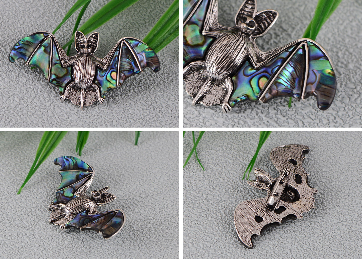 Alilang Antiqued Silver Tone Abalone Shell Vampire Bat Brooch Pin for Halloween Accessories