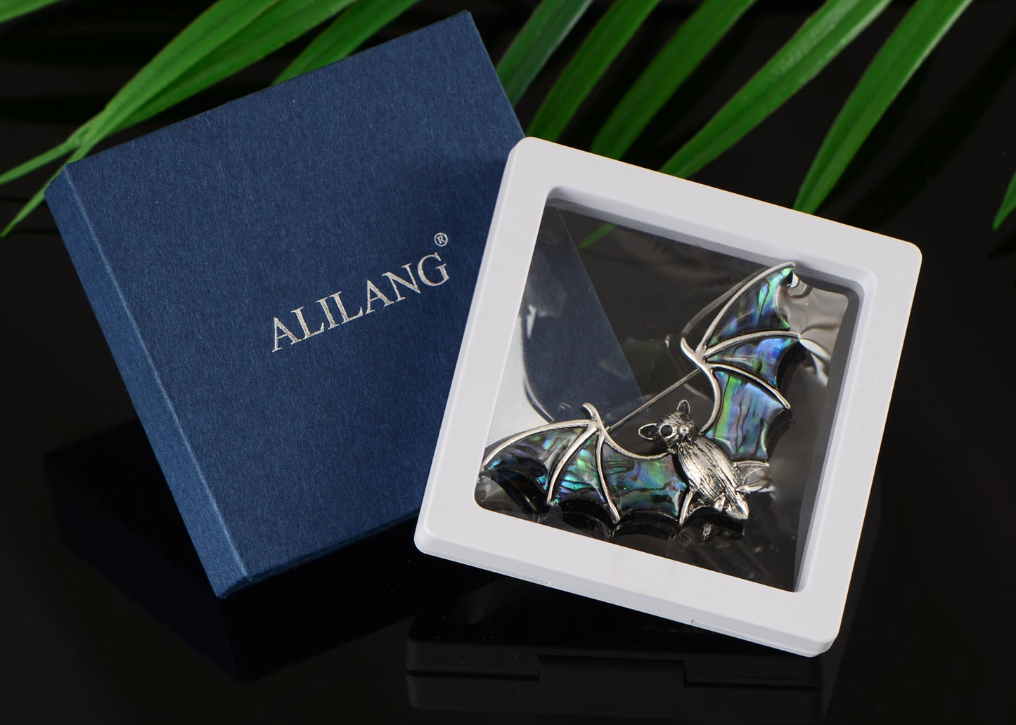 Alilang Antiqued Silver Tone Abalone Shell Vampire Bat Brooch Pin for Halloween Accessories