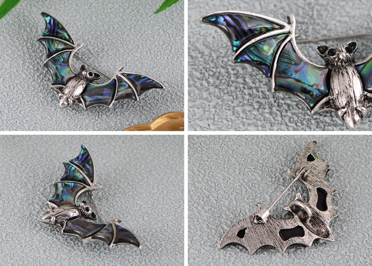 Alilang Antiqued Silver Tone Abalone Shell Vampire Bat Brooch Pin for Halloween Accessories