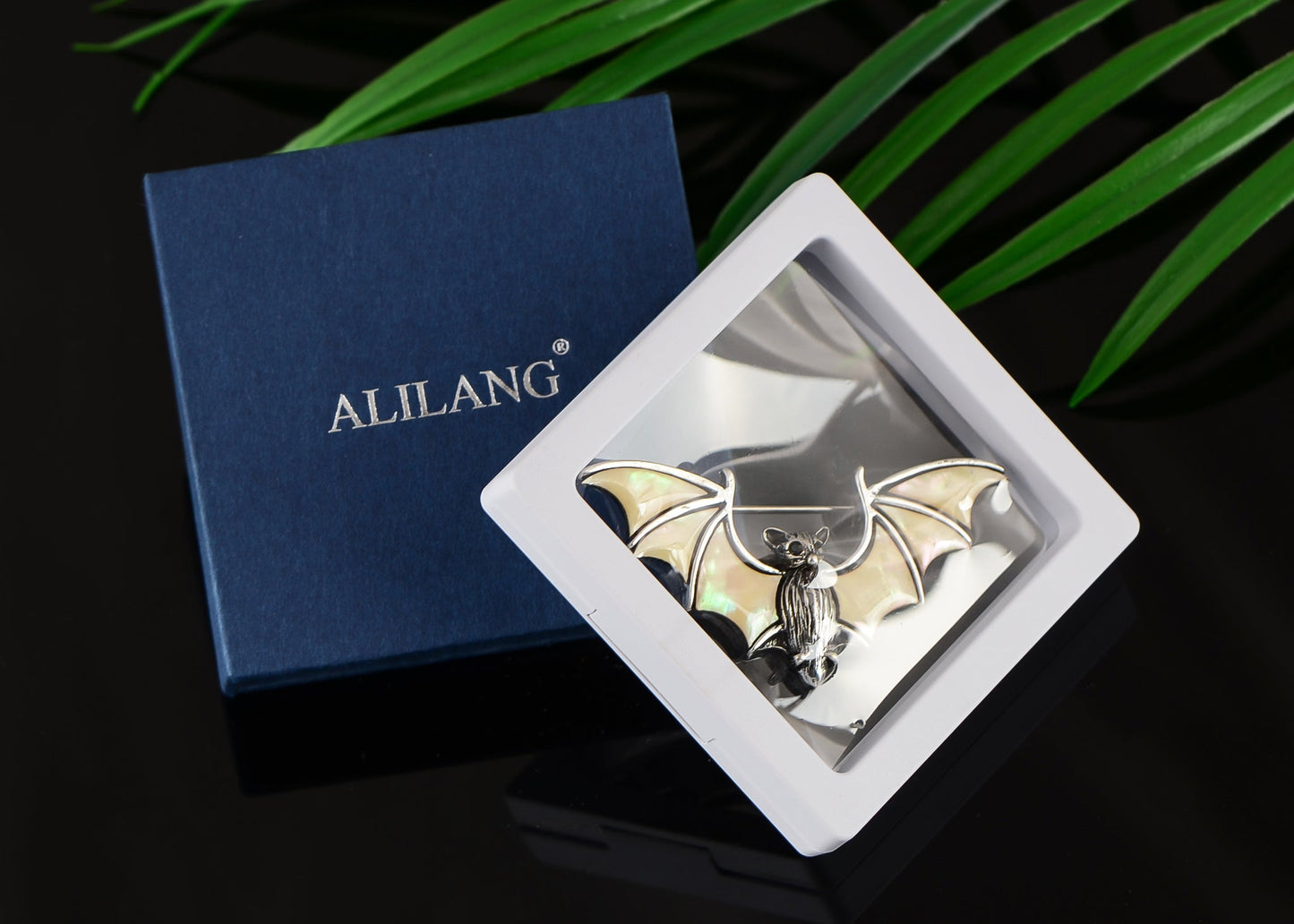Alilang Antiqued Silver Tone Abalone Shell Vampire Bat Brooch Pin for Halloween Accessories