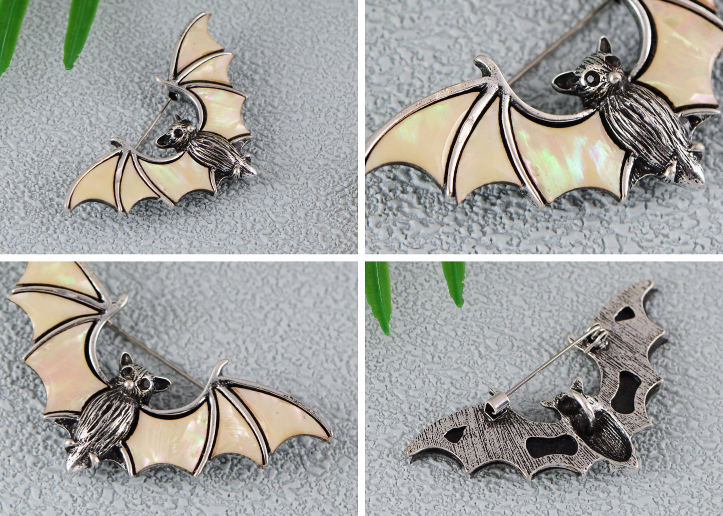 Alilang Antiqued Silver Tone Abalone Shell Vampire Bat Brooch Pin for Halloween Accessories