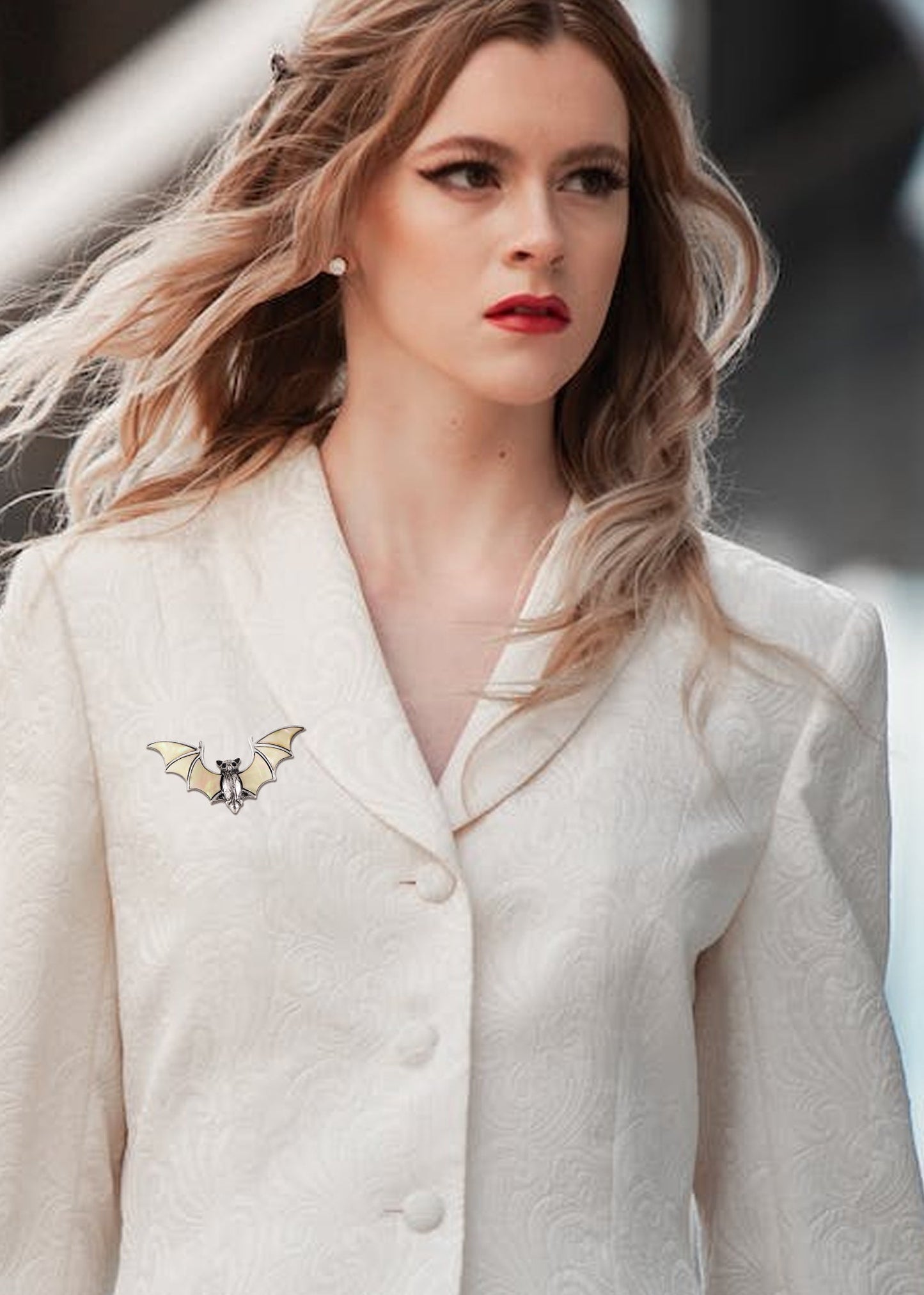 Alilang Antiqued Silver Tone Abalone Shell Vampire Bat Brooch Pin for Halloween Accessories