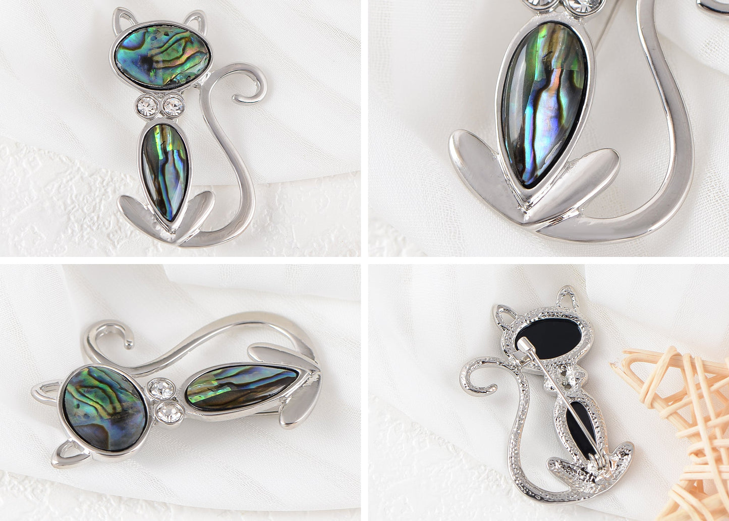 Alilang Vintage Clear Rhinestones Bowknot Abalone Shell Cute Cat Animal Brooch Pin Clothing Bag Accessories