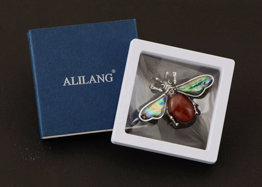 Antique Silvery Tone Abalone Shell Stone Honey Bee Insect Brooch Lapel Pins Pendant Animal Jewelry