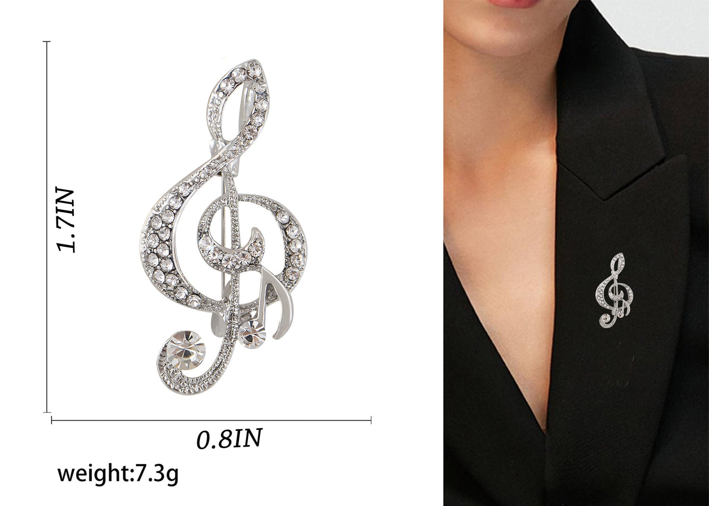 Elegant Rhinestone Crystal Treble Clef Music Note Brooch Pin ¨C for Scarf, Sweater, Wedding, Christmas Costume Accessories