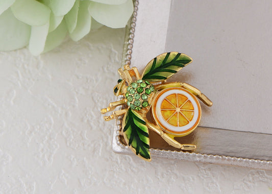 Elegant Crystal Rhinestone Fruit and Bee Brooch - Fashionable Gold Plated Fruit Insect Lapel Pins for Dresses and Accessories
