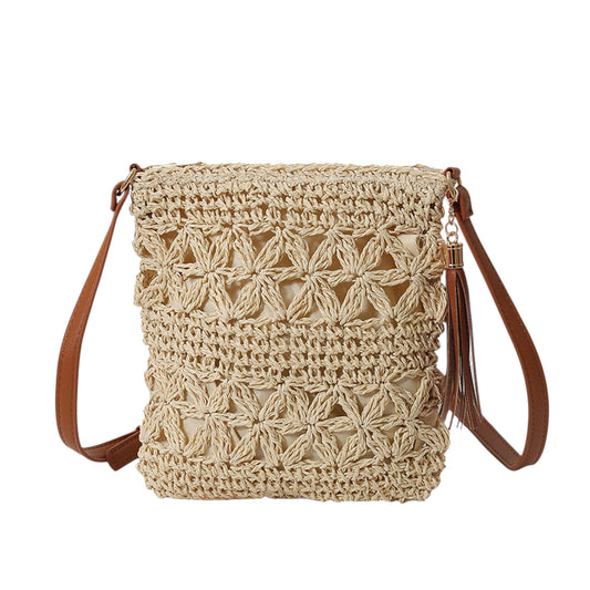 Women's Bohemian Crochet Shoulder Bag with Leather Straps