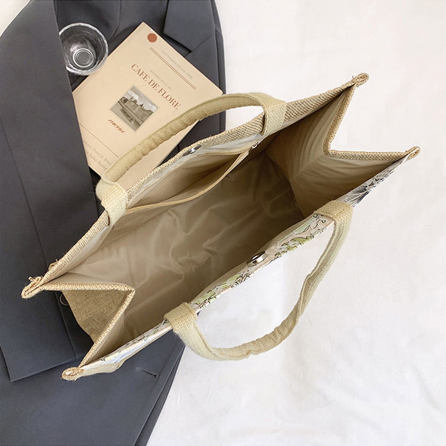 Floral Linen-Polyester Tote Bag-Lightweight Floral Print Shopping Bag