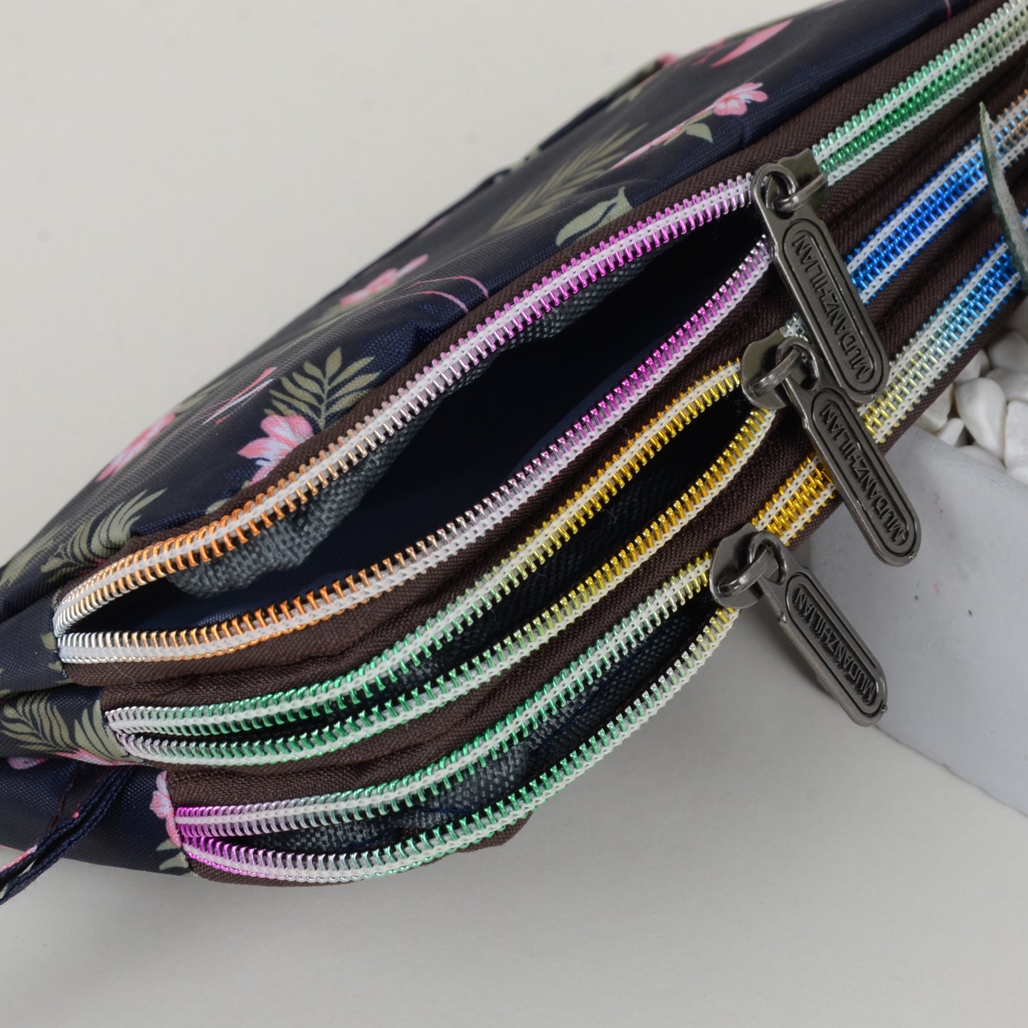 Floral Print Multi-Zip Nylon Wristlet Handbag