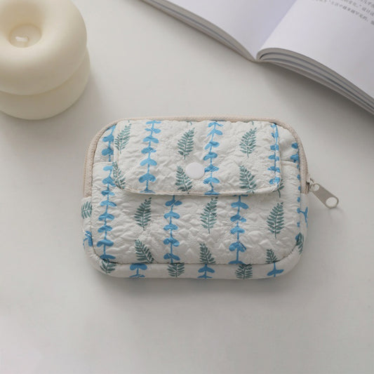 Quilted Floral Coin Purse-Small Cosmetic Bag with Zipper and Snap Pocket