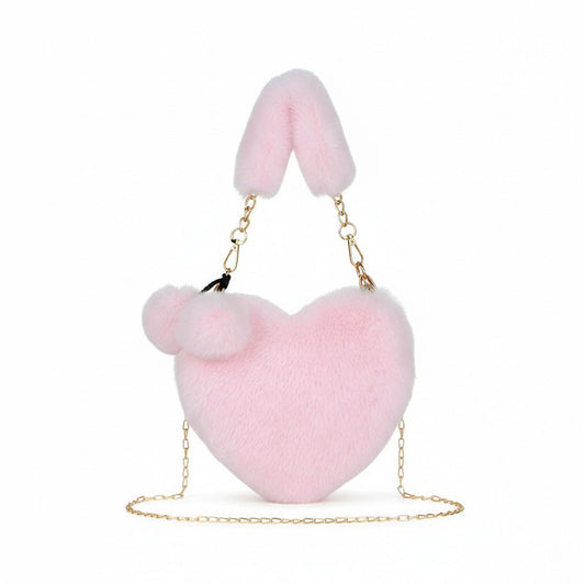 Plush Heart-Shaped Crossbody Handbag with Chain Strap